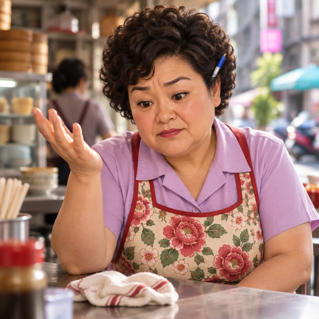 Auntie Lin has dropped the cloth and lifts a worried open palm, stuck on the unsolved problem.