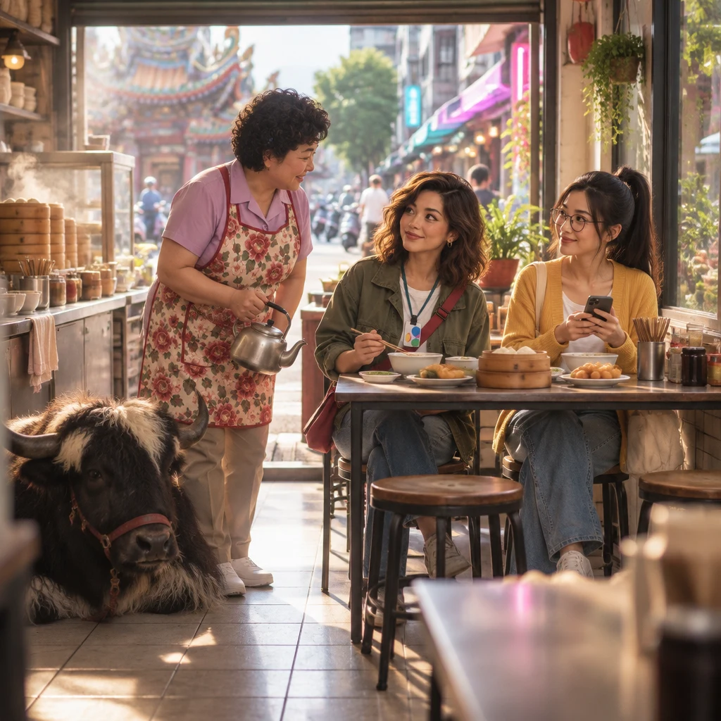 Late-morning sun fills Banyan Breakfast as Auntie Lin leans toward seated Maya and Yi-Jun.