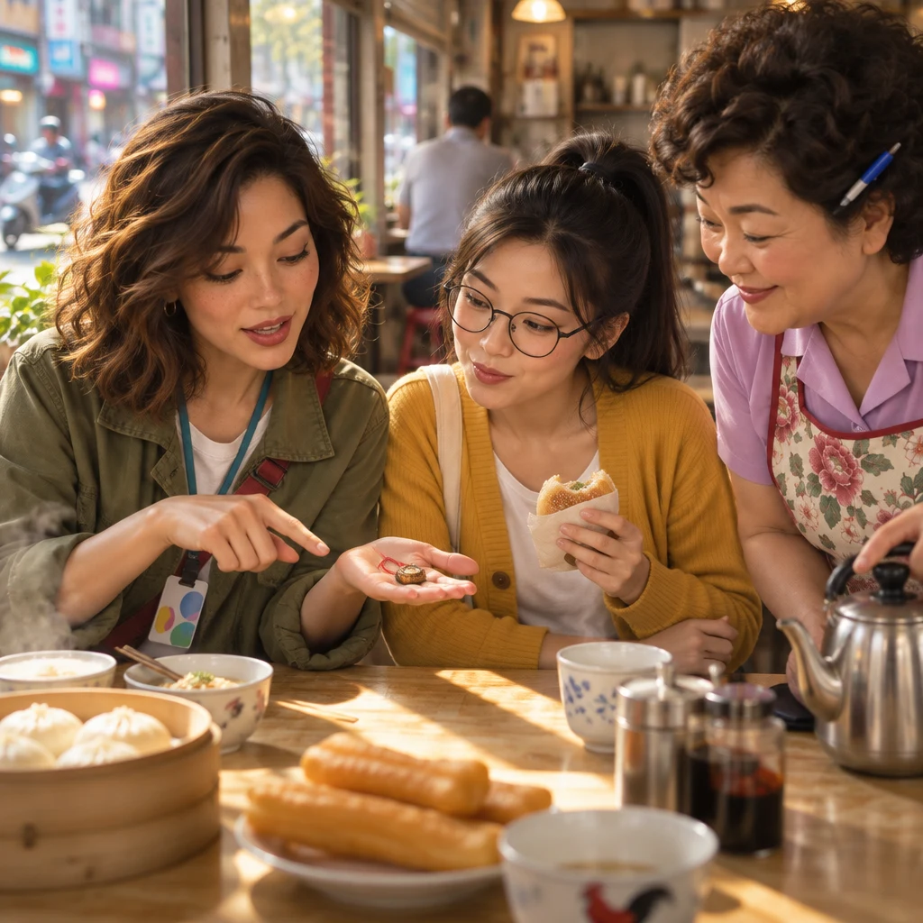 Maya leans forward with one open palm, laying out a fact, while Yi-Jun chews and Auntie Lin watches with a paused kettle.