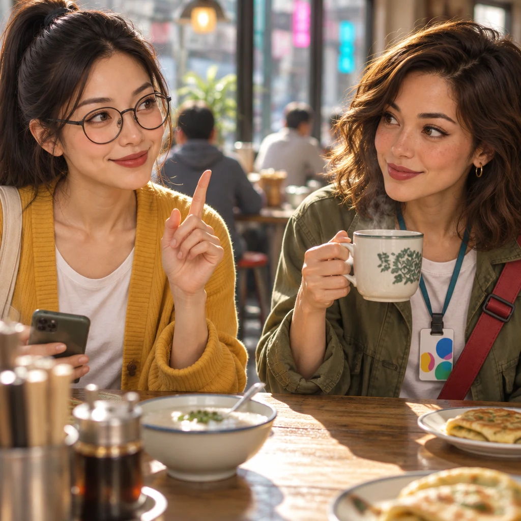 Yi-Jun lifts one finger as a related thought hits him, while Maya's cup hangs still in the air.