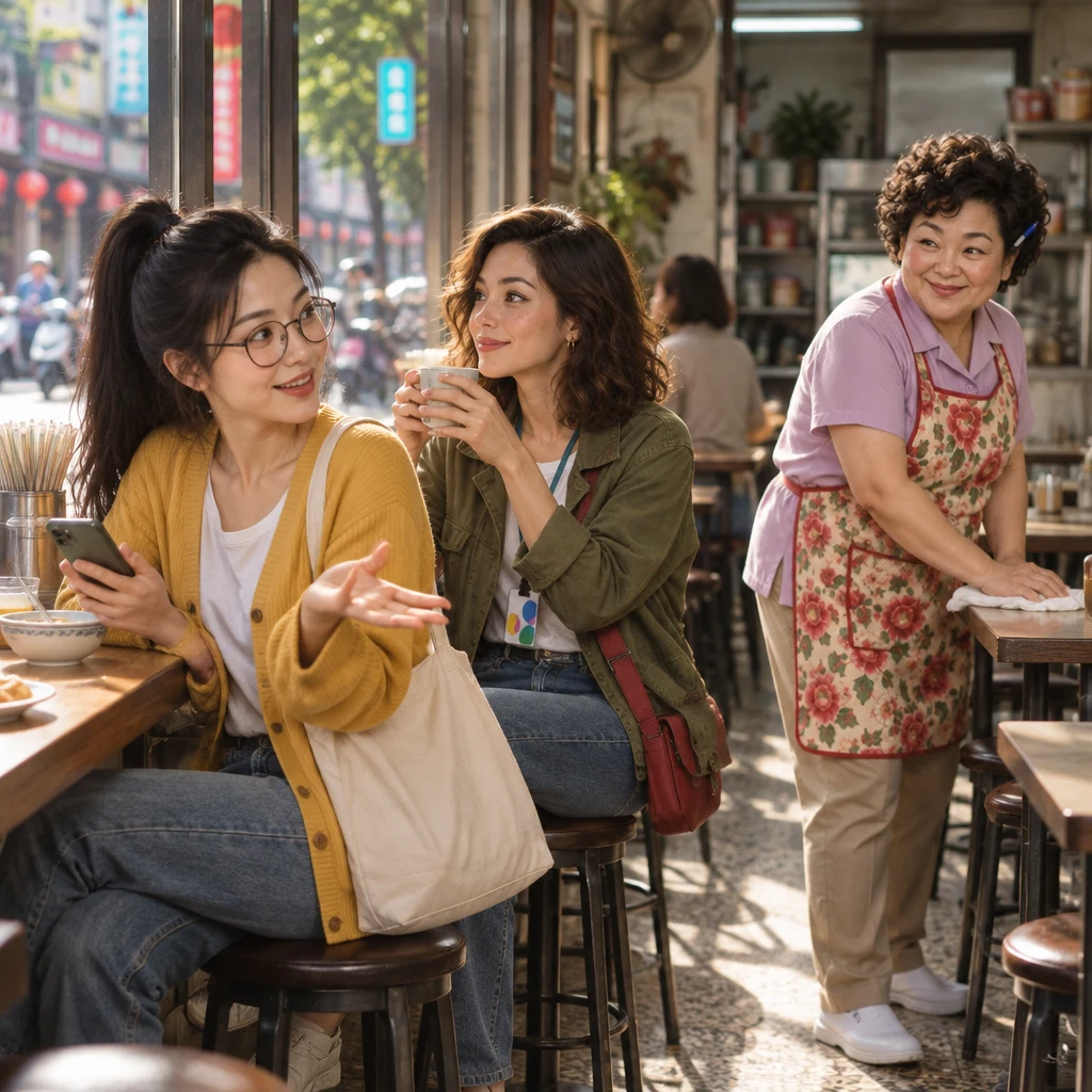 Yi-Jun twists in profile and sweeps one hand aside to leave the topic, while Maya turns toward the window and Auntie Lin wipes a table.