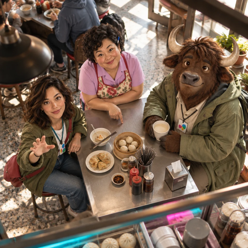Maya looks up and reaches forward to return to an earlier point, while Auntie Lin taps the tabletop and A-Li the yak sits on two stools.