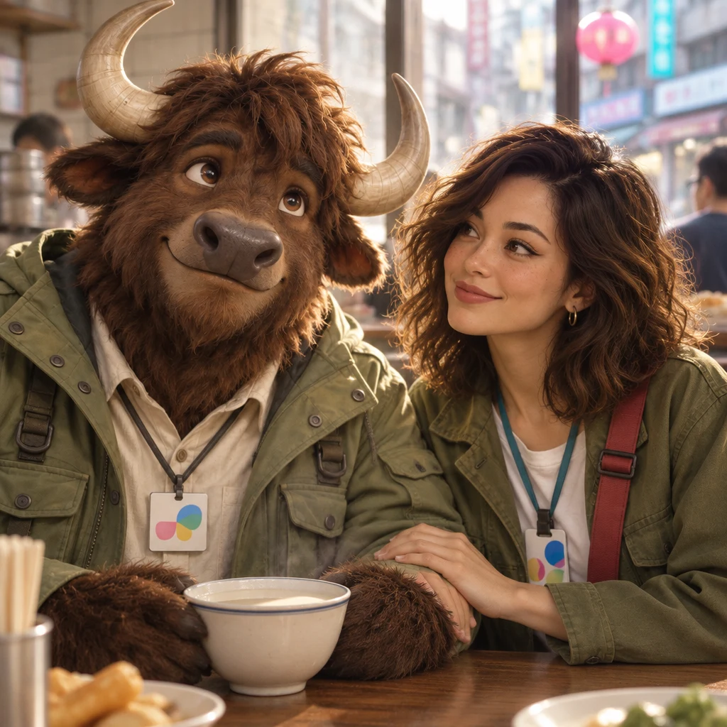 A-Li the yak looks up from his unfinished soy milk as if asking for the ending first, while Maya stacks one hand on the other.
