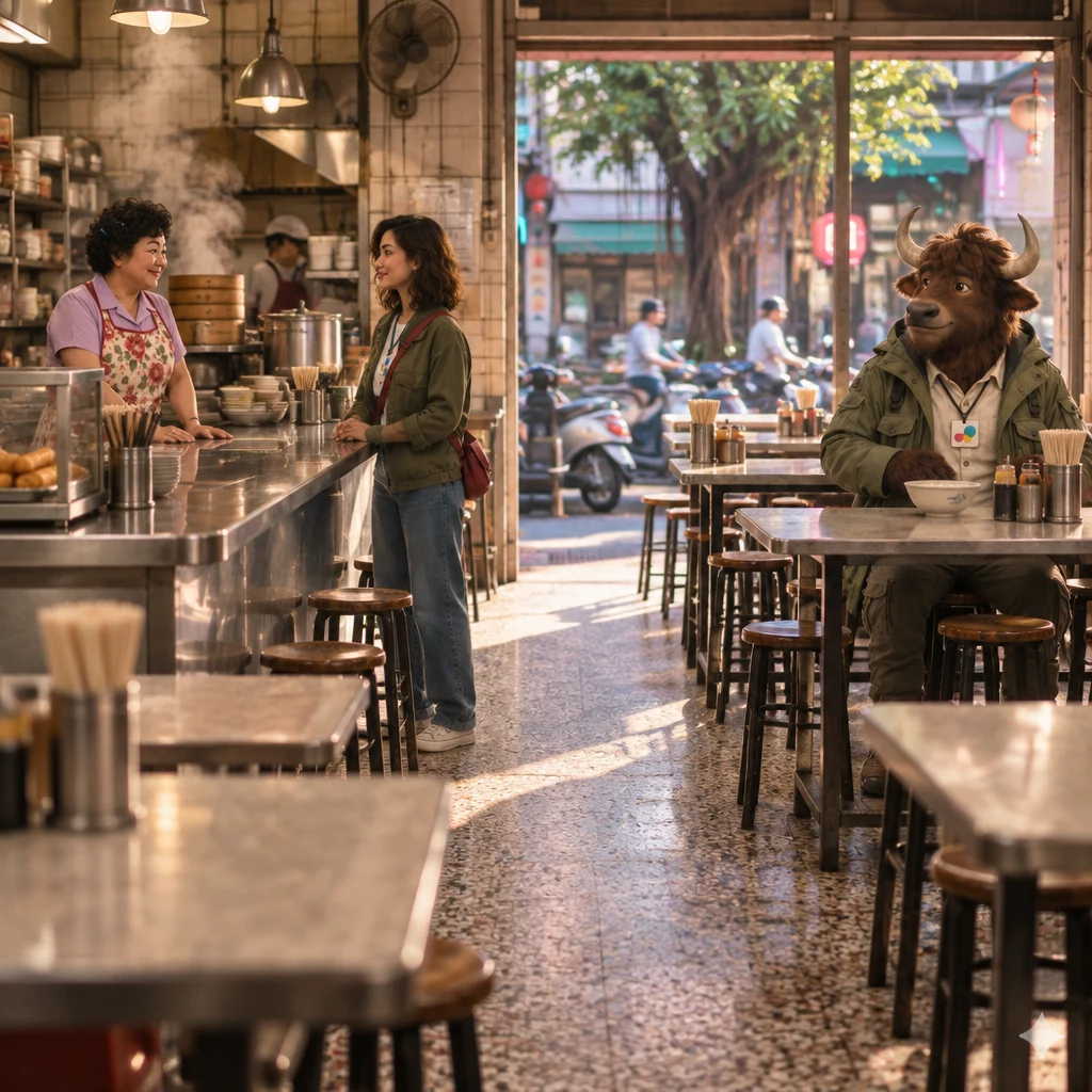 Maya stands at the breakfast counter while Auntie Lin waits behind it and A-Li sits on two stools at the back with soy milk left untouched.