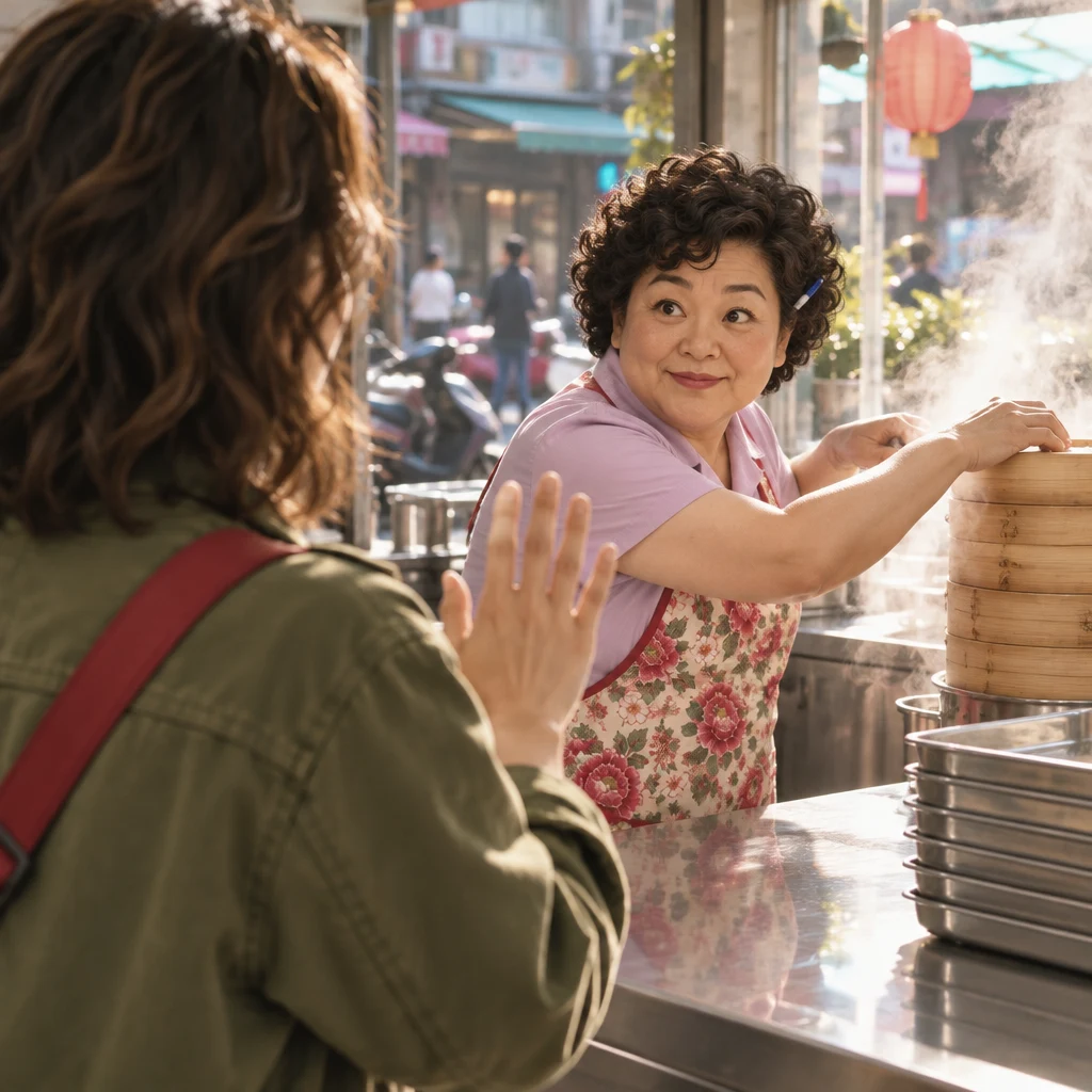Maya lifts a wait-and-restart gesture at the counter while Auntie Lin freezes mid-reach toward the steamer.
