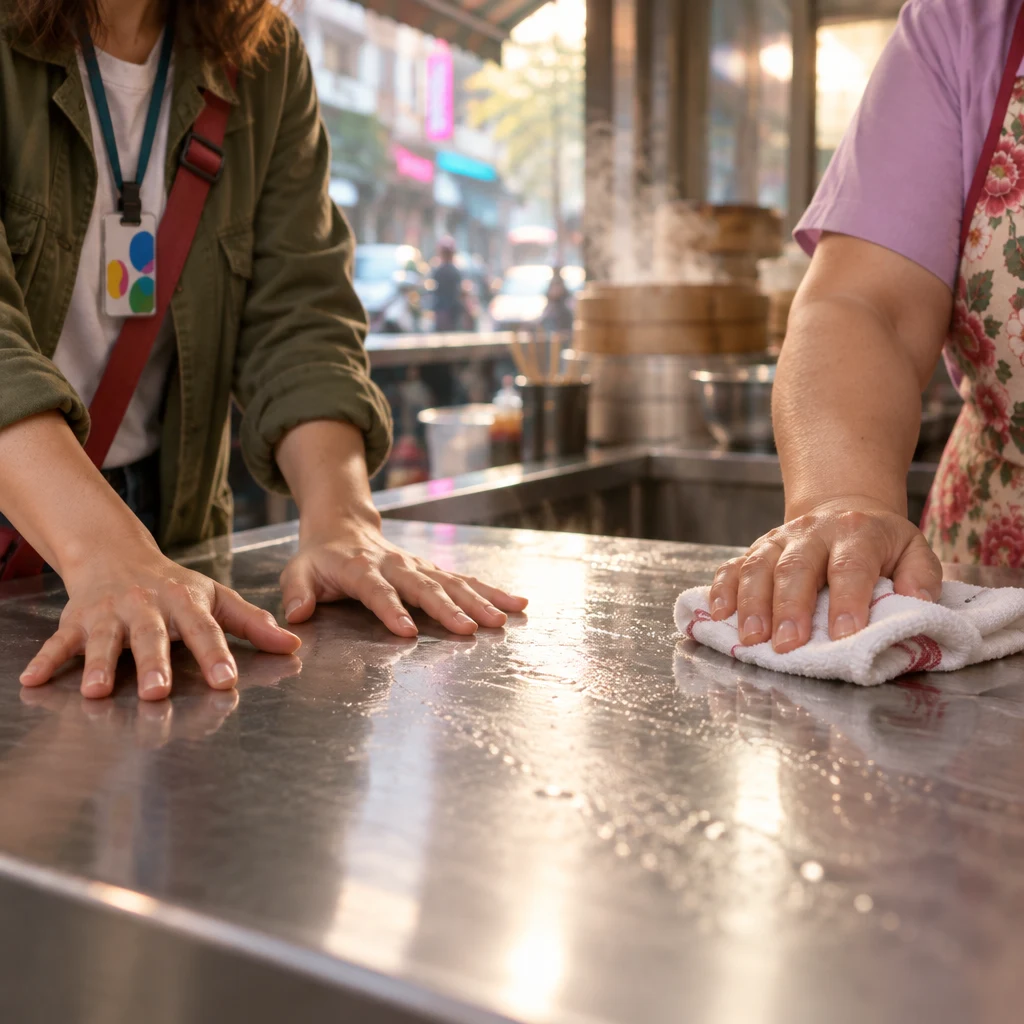 Maya resets with open lowered hands at the counter while Auntie Lin wipes the steel surface and keeps waiting.