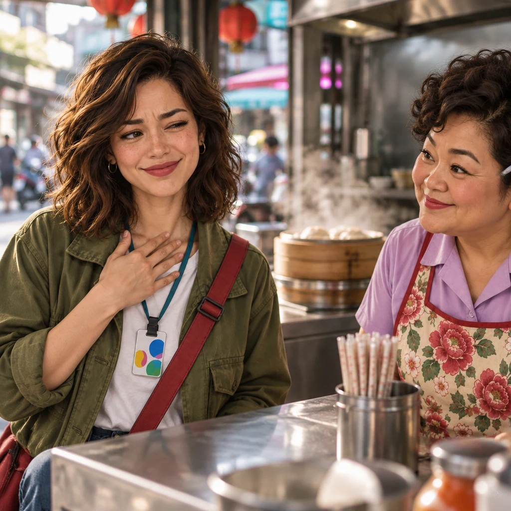 Maya winces and touches her collarbone after a wrong wording while Auntie Lin gives a small patient nod.