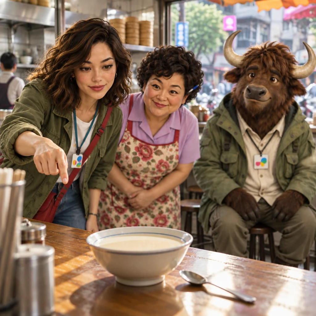 Maya leans in and hovers a finger toward the untouched soy milk while Auntie Lin cocks her head toward the same bowl and A-Li sits unmoving on two stools.