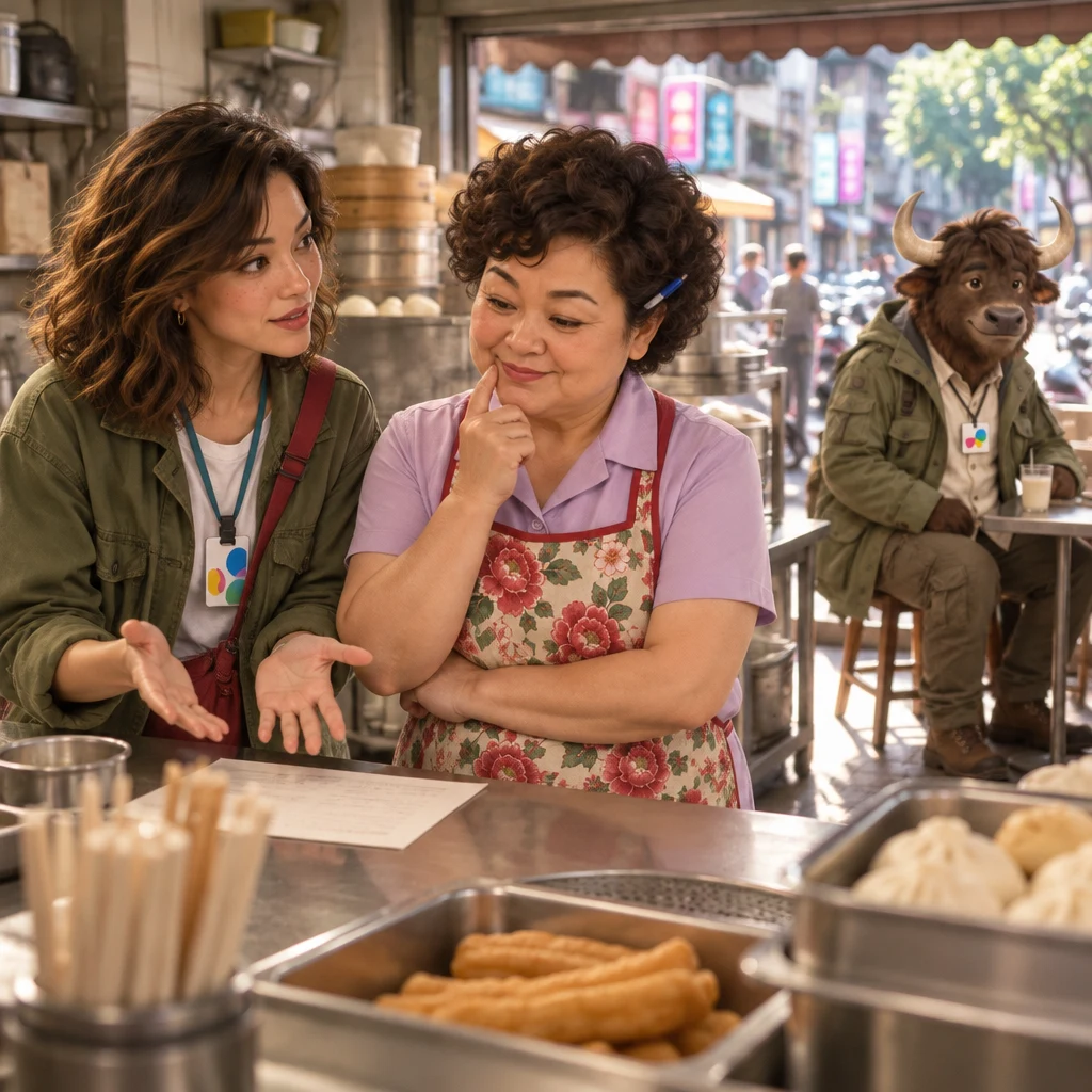 Maya looks to Auntie Lin with open palms while Lin considers with a finger at her chin and A-Li sits on two stools facing the street.