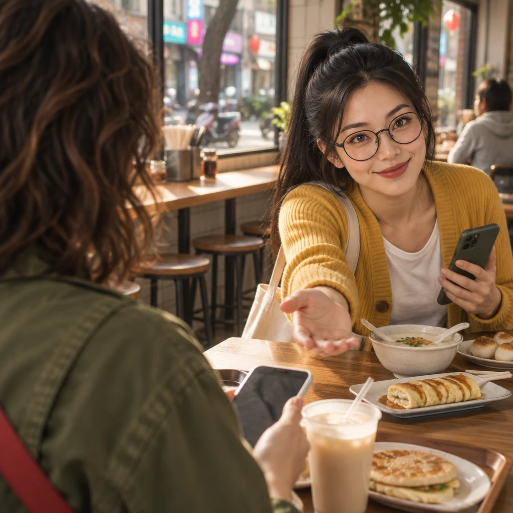 Yi-Jun leans far forward with an open palm toward Maya, who still grips a phone over the breakfast tray.
