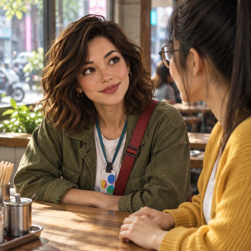 Yi-Jun sits back with both palms quiet on the table while Maya lowers the phone into the lap and looks up.