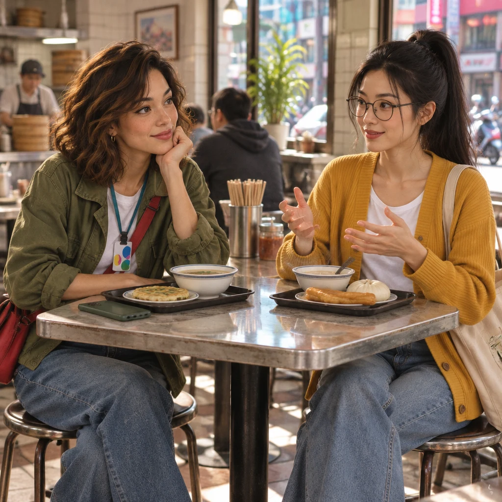 Yi-Jun sits square and nods with both hands open at chest height while Maya looks toward Yi-Jun, the phone set aside.