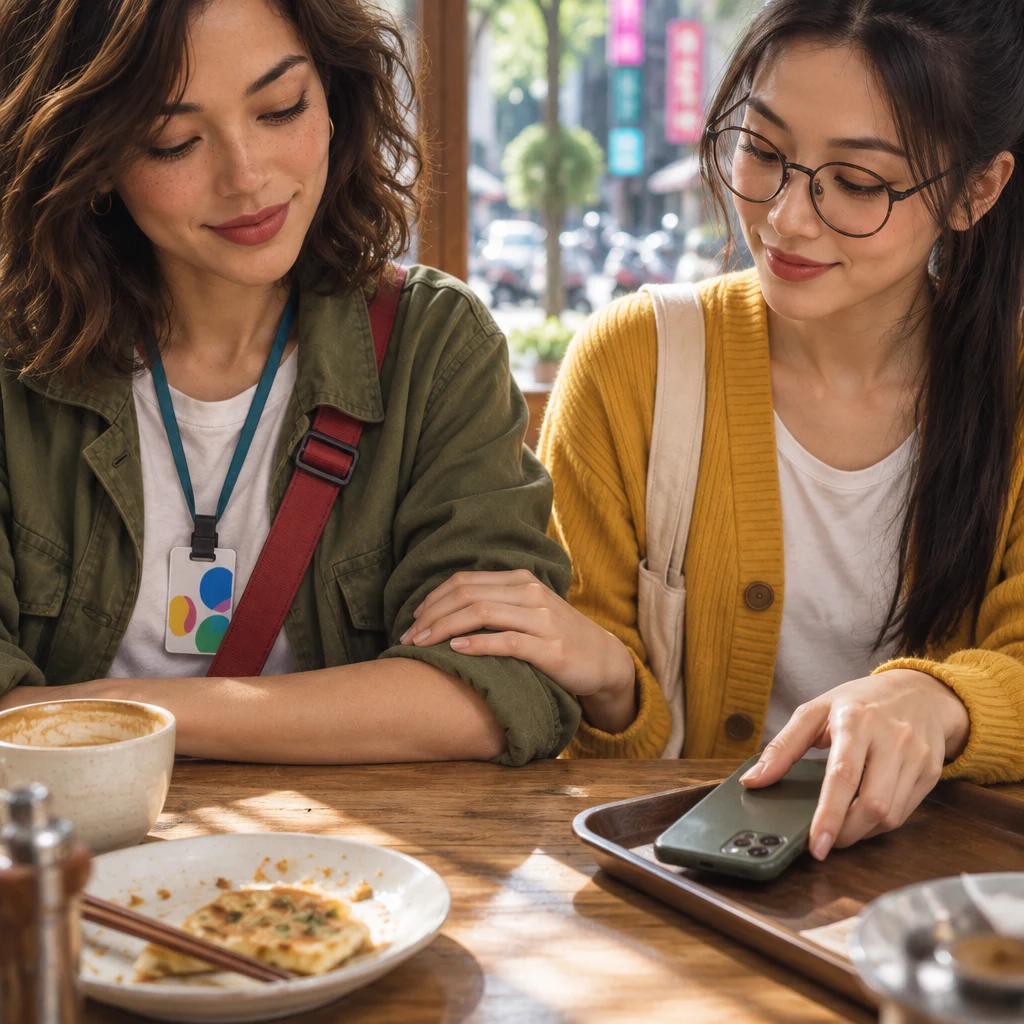 Yi-Jun rests one hand on Maya's forearm and eases the phone down while Maya's shoulders drop.