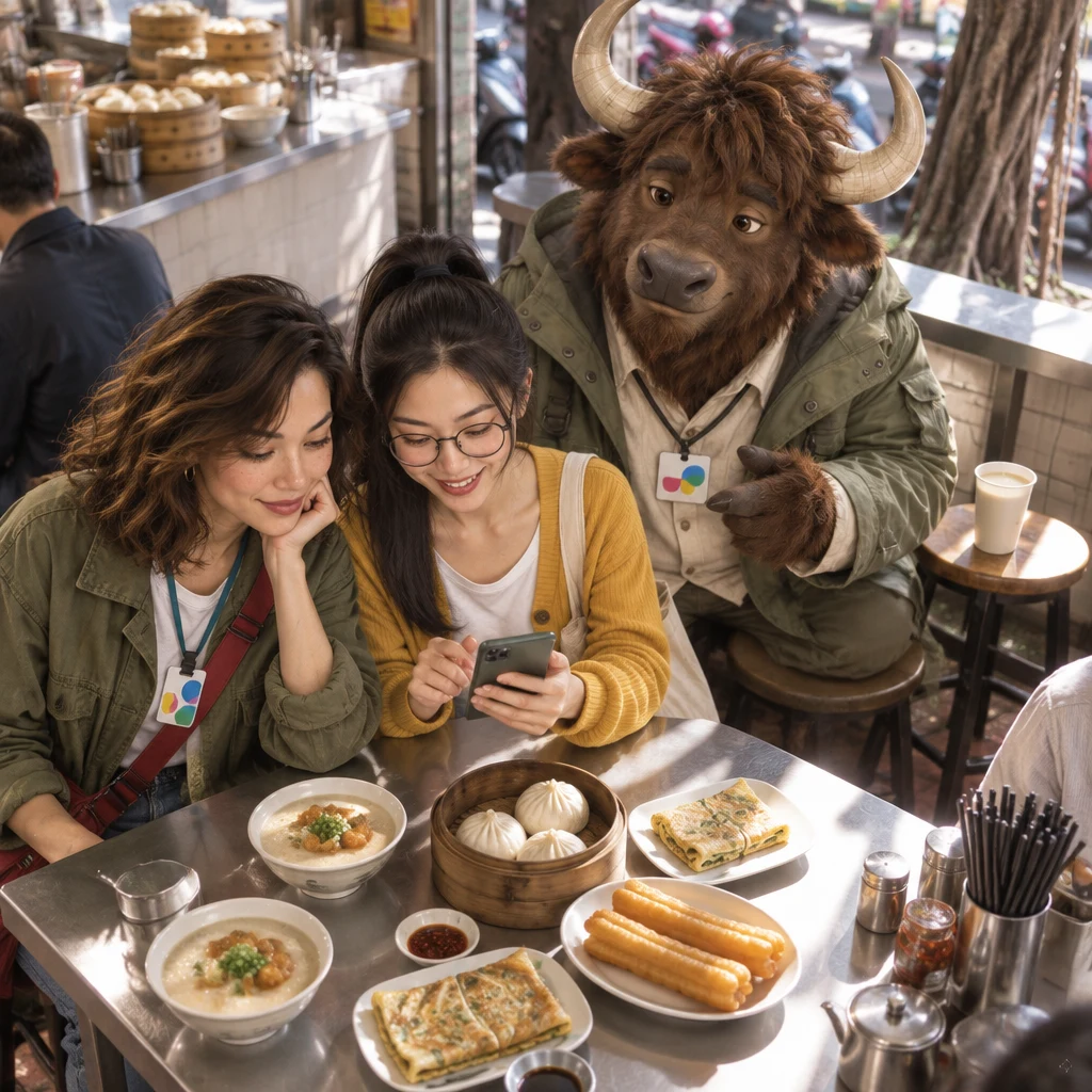 A-Li the yak turns toward Maya and Yi-Jun and gestures between them with one hoof, soy milk still full, while Maya and Yi-Jun lean in together over the phone.