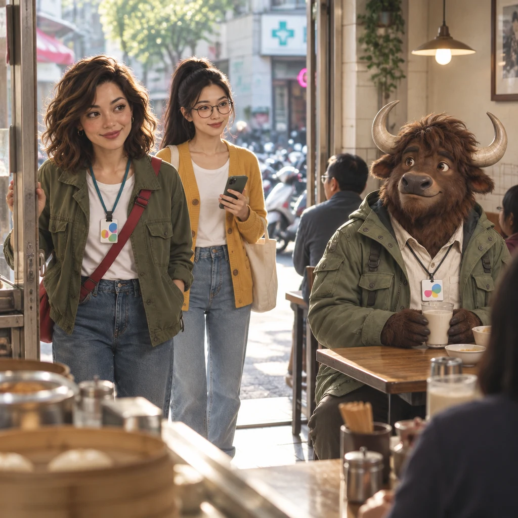 At the breakfast-shop doorway Maya tilts toward Yi-Jun to check that everything so far is all right, while A-Li sits at the back table with unfinished soy milk.