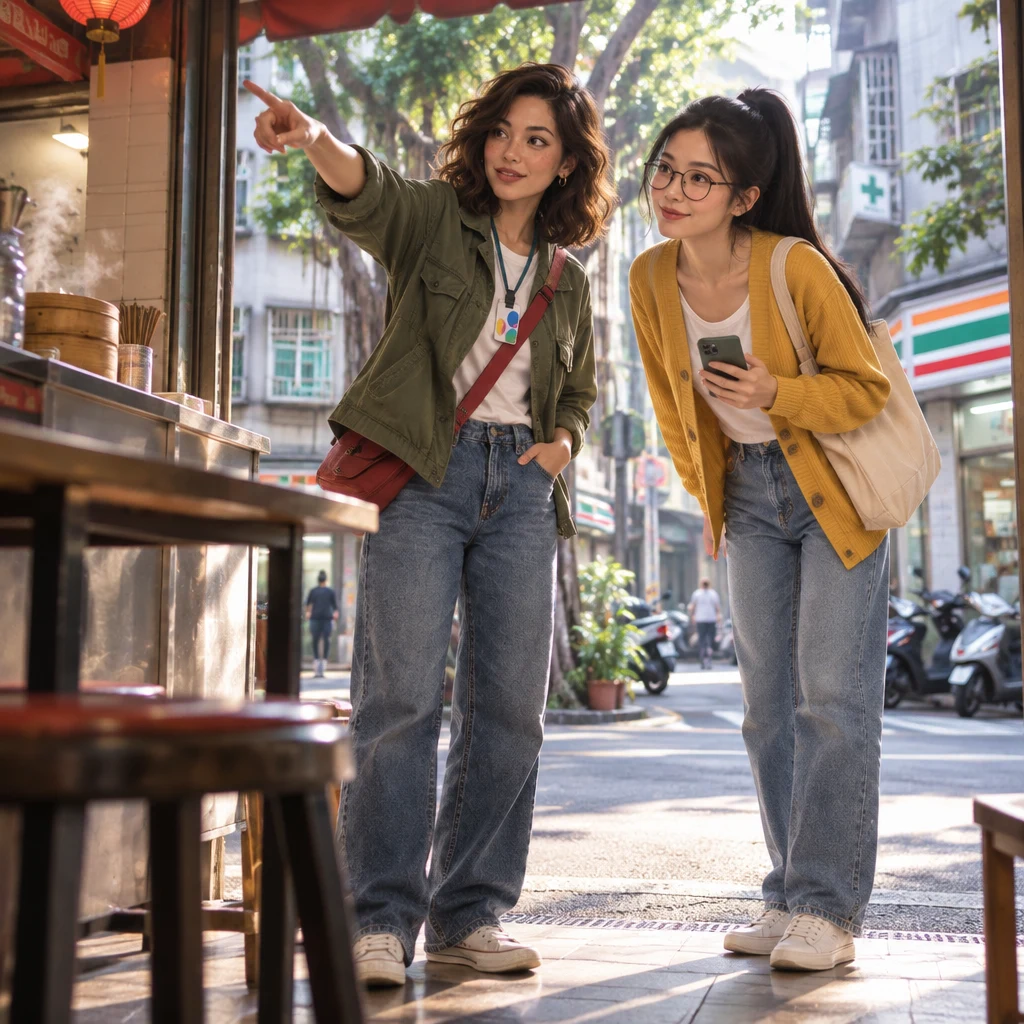 Maya offers to go over the route again, pointing more slowly from the shop toward the clinic and convenience store, while Yi-Jun leans in to watch.