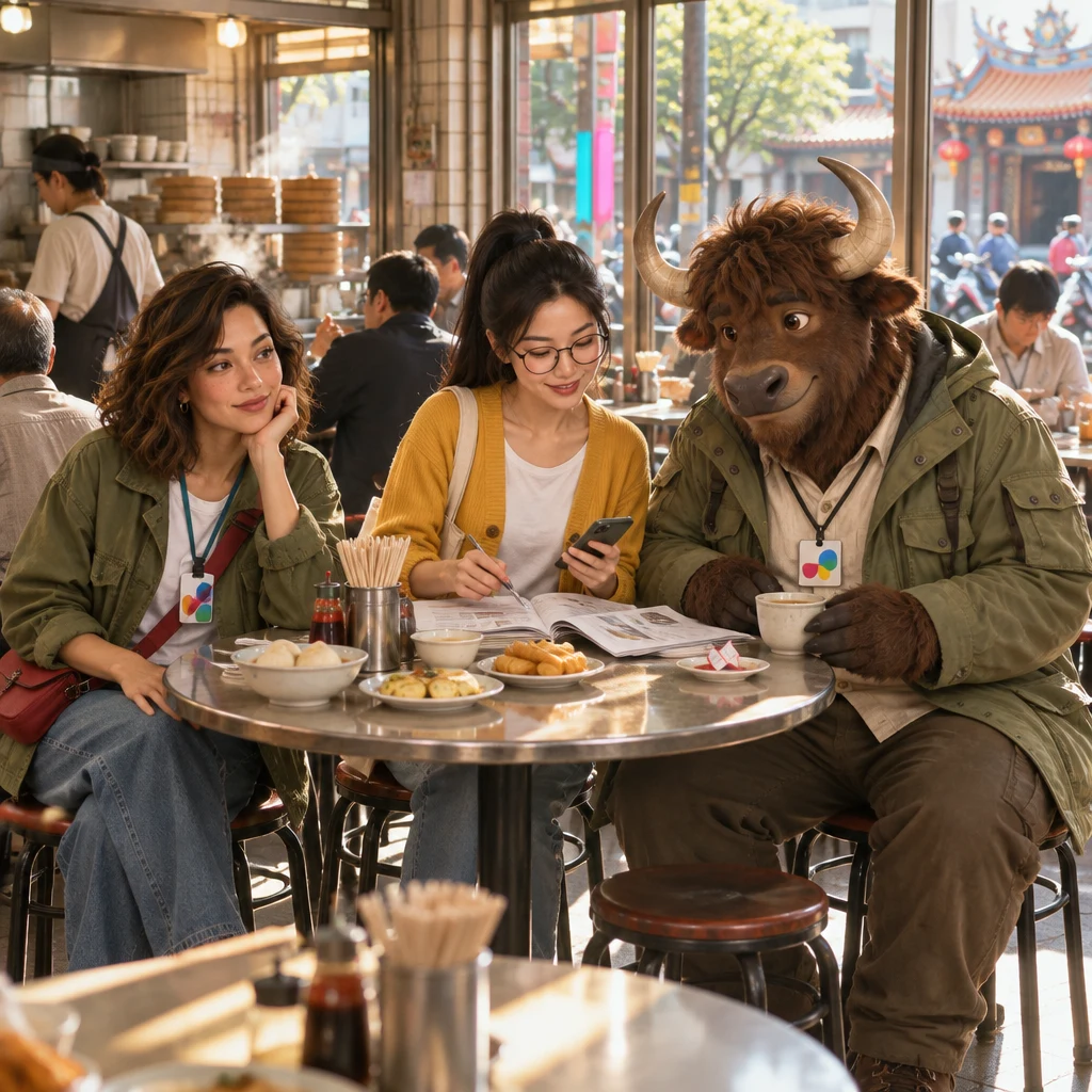 Maya sits back at a breakfast table after a long meeting while Yi-Jun leans in over papers, and A-Li occupies two stools beside unfinished soy milk and an unopened fortune slip.