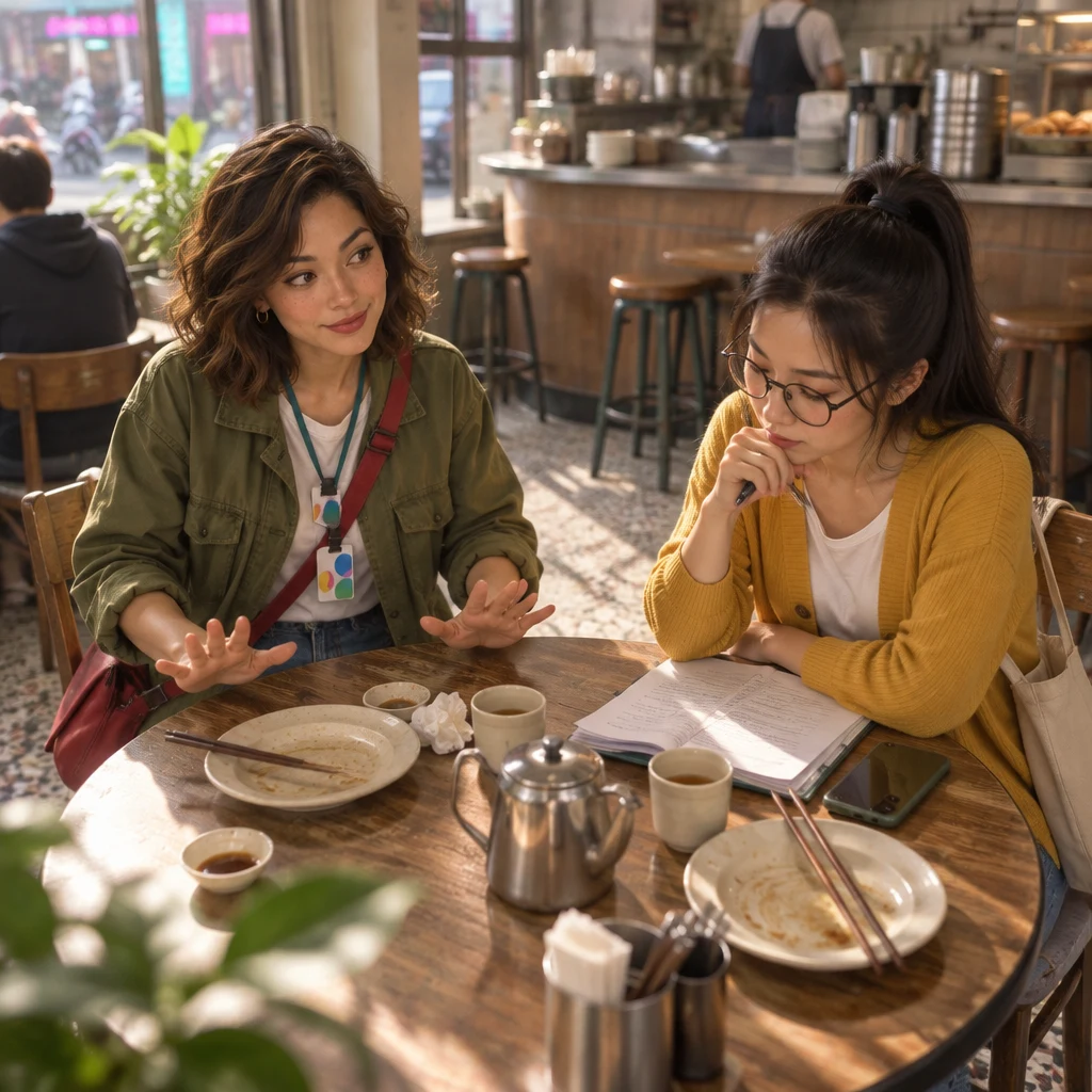 Maya presses both palms down toward the table to close the topic while Yi-Jun still hunches with a pen over papers.