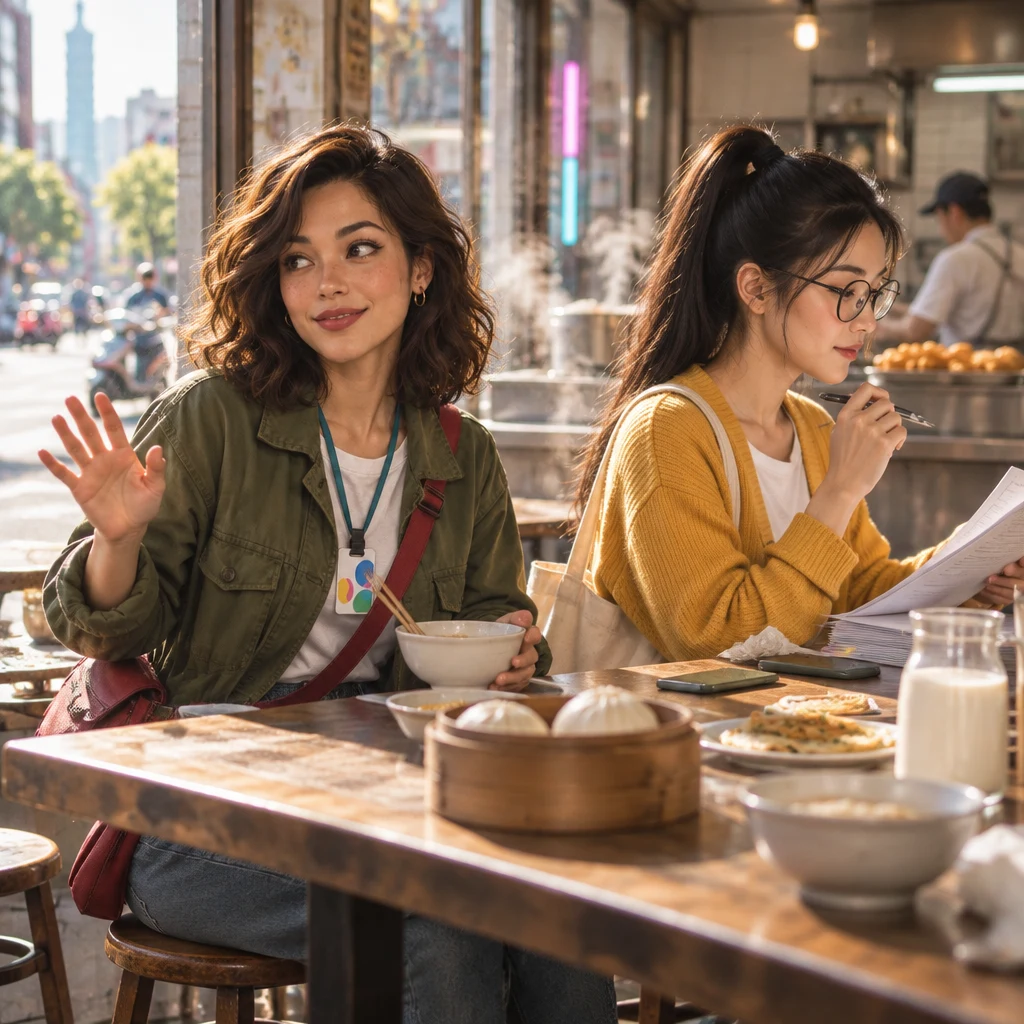 Maya turns toward the sunny window with an open redirecting hand while Yi-Jun stays facing the papers, caught by the change.