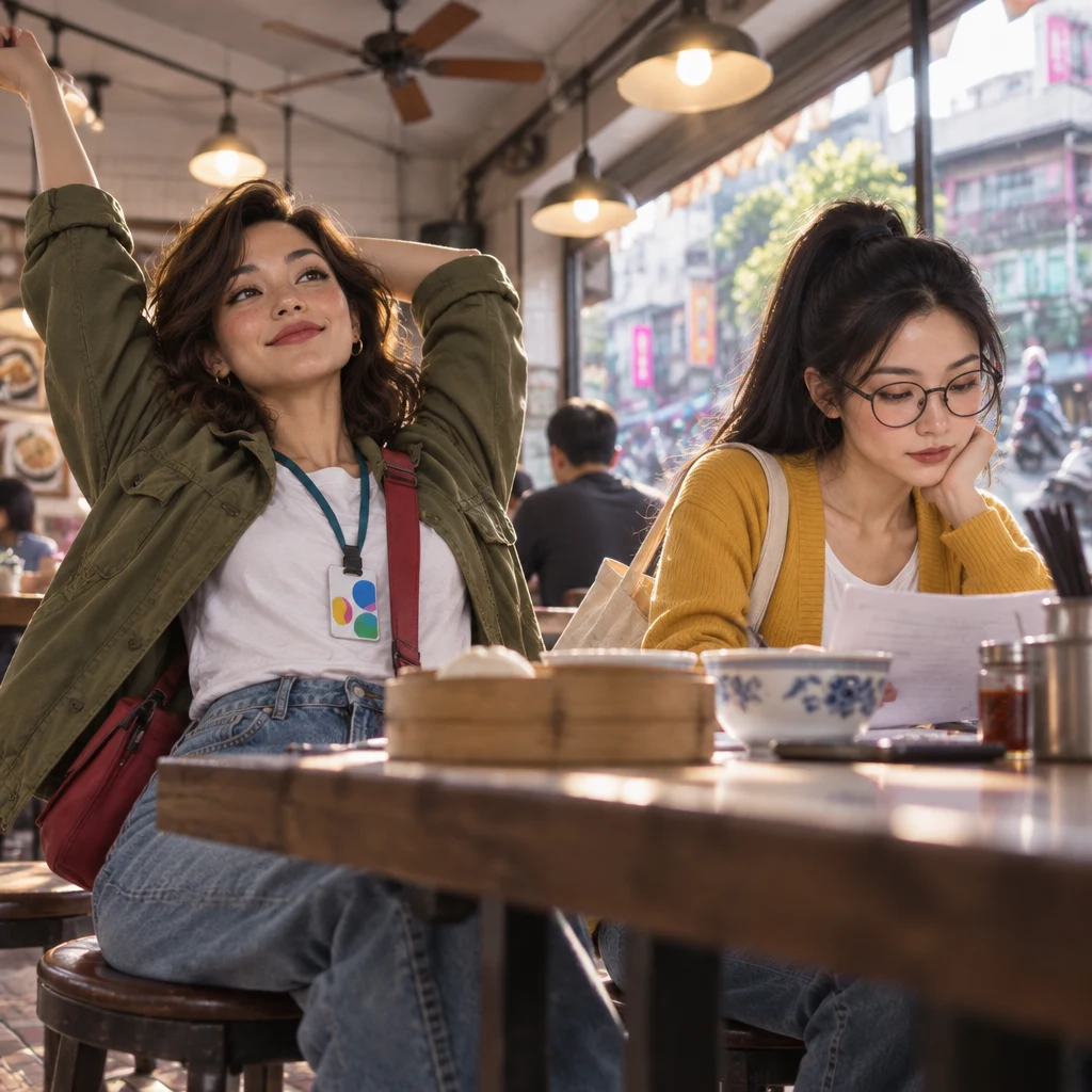 Maya leans back stretching after a long meeting while Yi-Jun still studies papers with head propped on one hand.