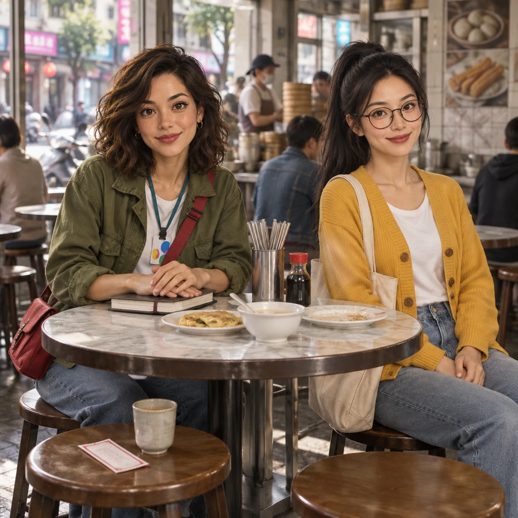 Maya rests folded hands on a stacked closed notebook, finished with the subject, while Yi-Jun sits back with hands in lap.