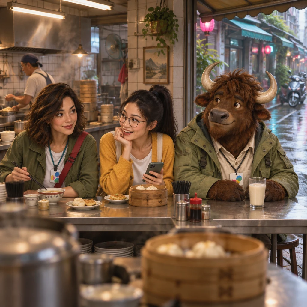 After the rain, Yi-Jun sits with Maya in the quiet breakfast shop while A-Li occupies a pair of stools beside untouched soy milk.