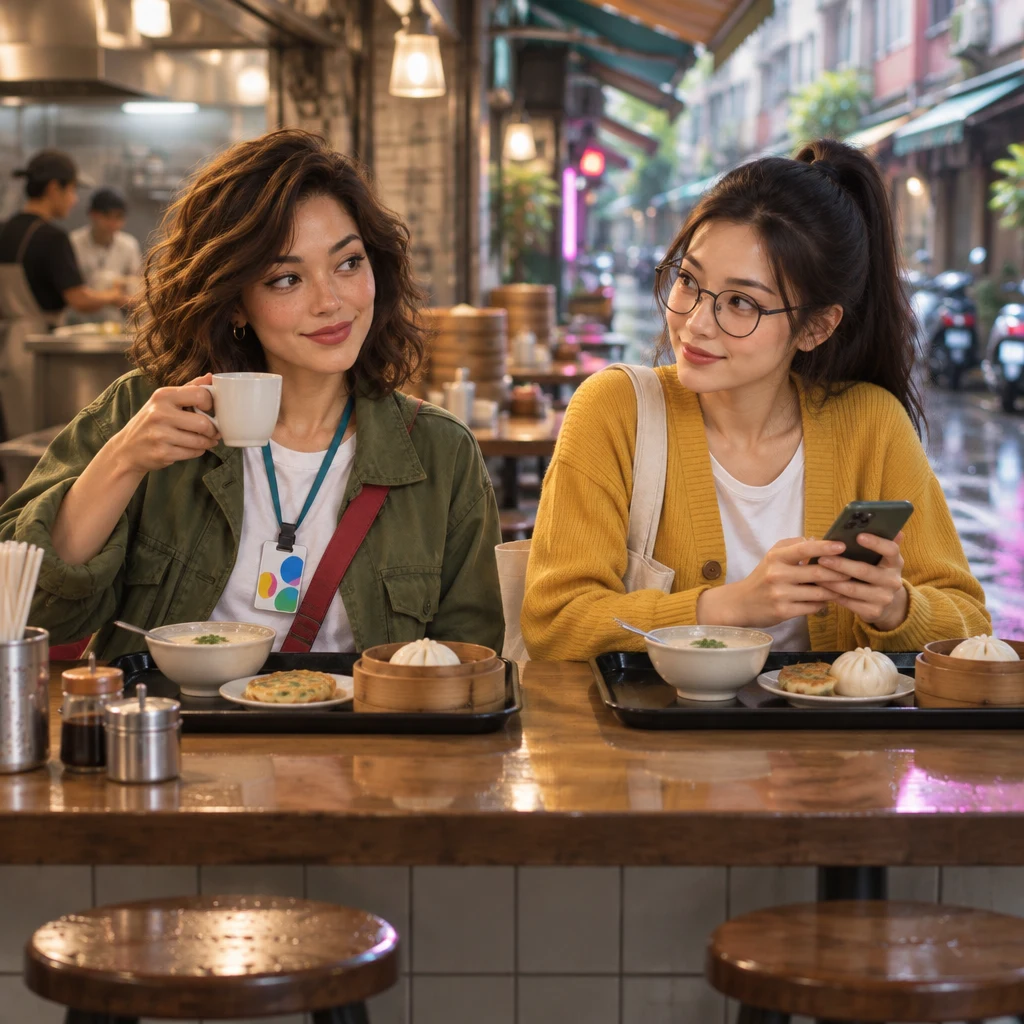 Maya lifts her cup toward Yi-Jun at the counter, cutting the story short so it will not drag.