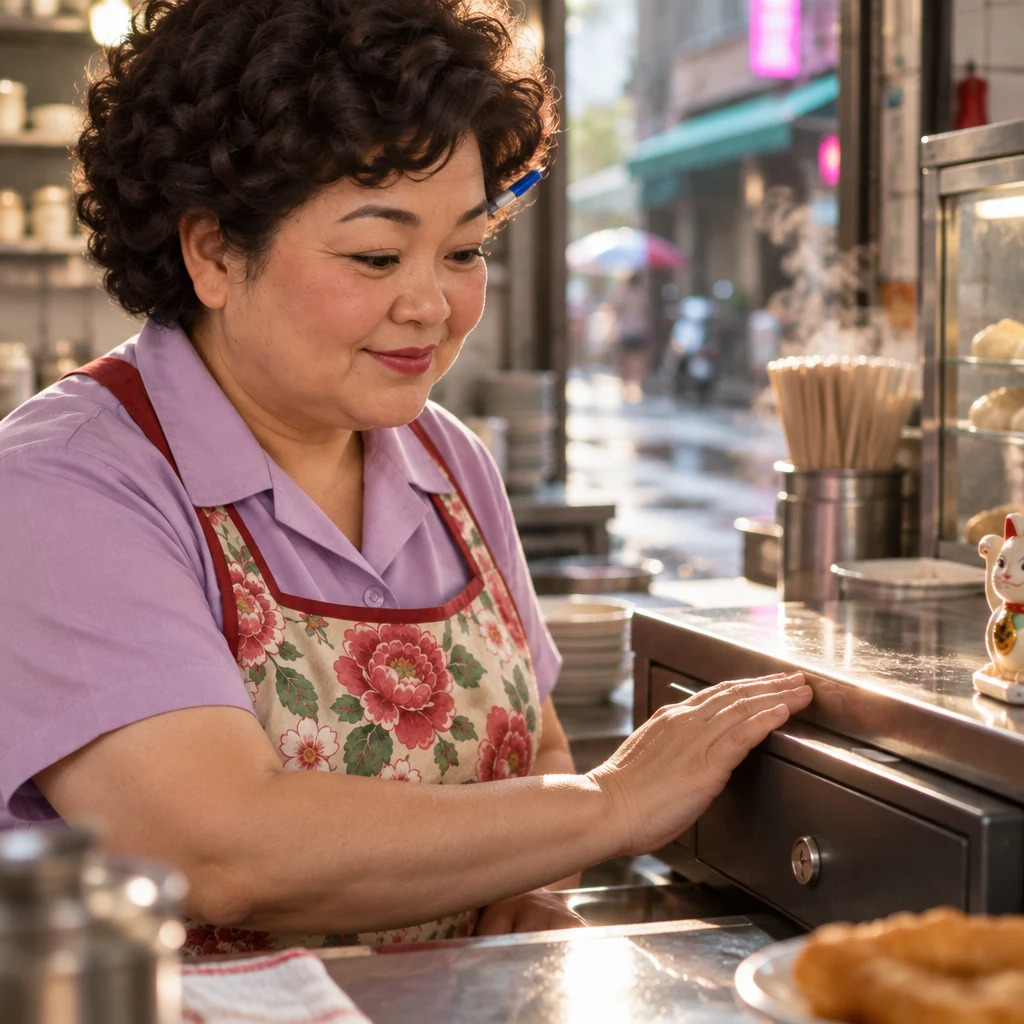 Auntie Lin's hand rests on the till drawer, leaving a folded slip shut inside.