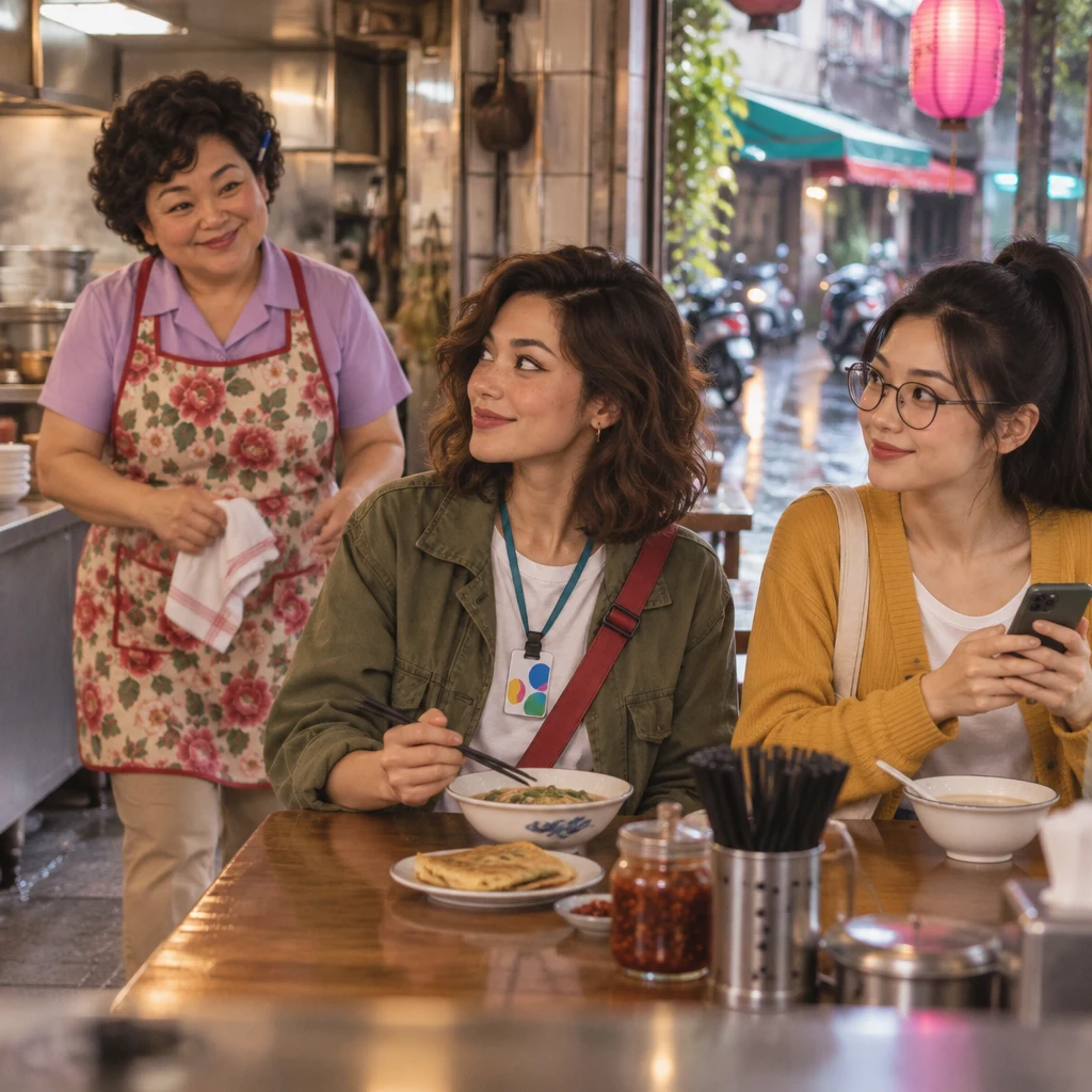 Auntie Lin comes over with a cloth while Maya and Yi-Jun still sit at the counter.