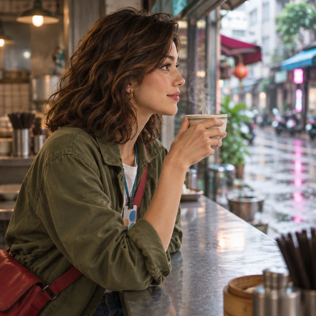 Maya holds her cup and looks out at the wet lane as if the rest of the story can wait.
