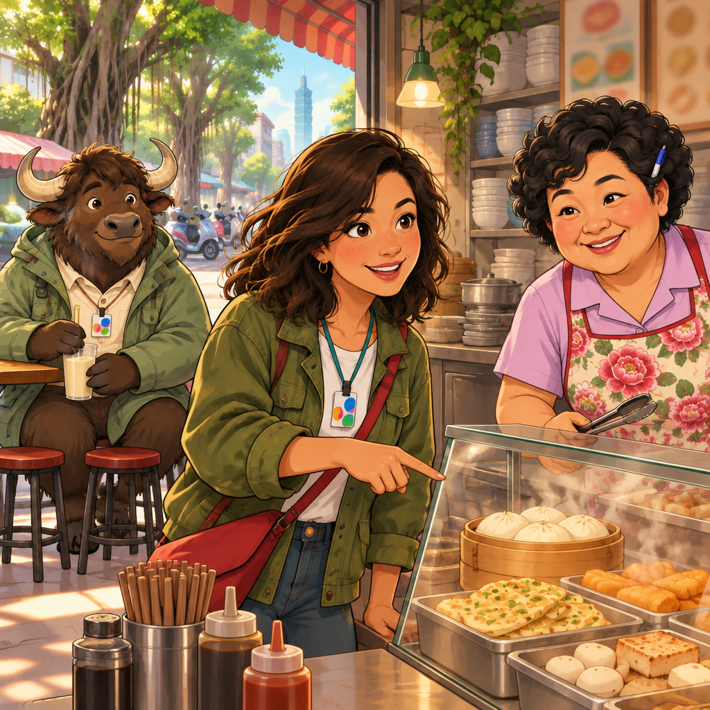 Maya indicates the breakfast item she wants while A-Li watches from his table.