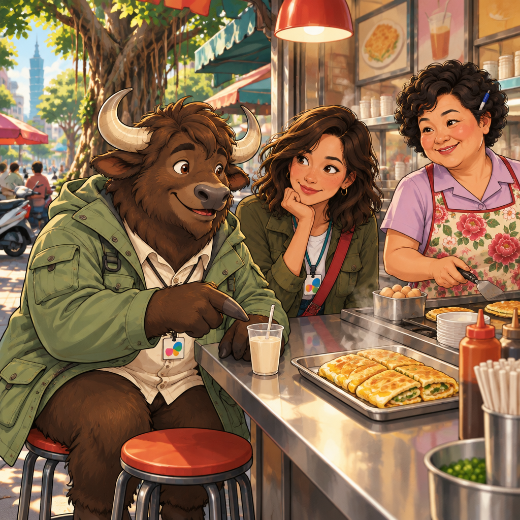 A-Li points Maya toward an egg pancake while his soy milk remains unfinished.