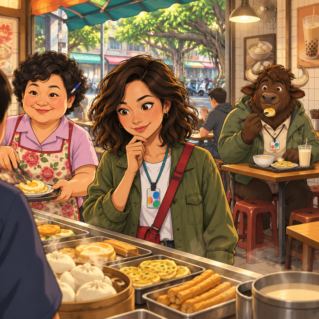 Maya orders at the counter while Auntie Lin serves another customer and Ali sits at the back table beside his unfinished soy milk.