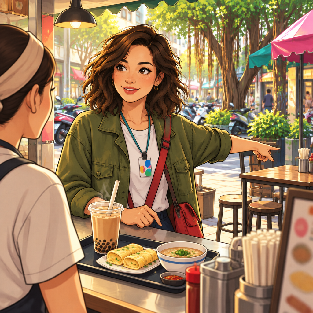 Maya gestures toward a place at the shop table to indicate she plans to eat there.