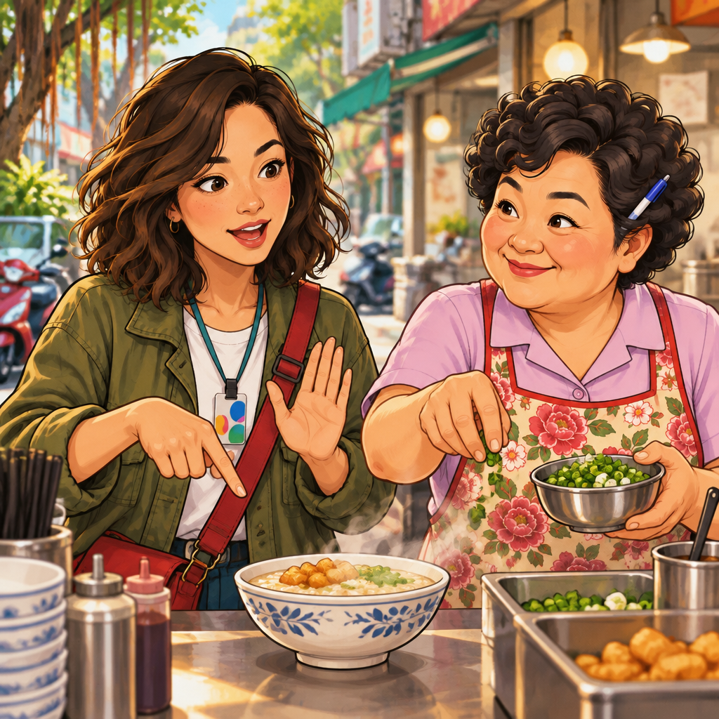 Maya raises a hand to stop Auntie Lin from adding chopped scallions to her food.