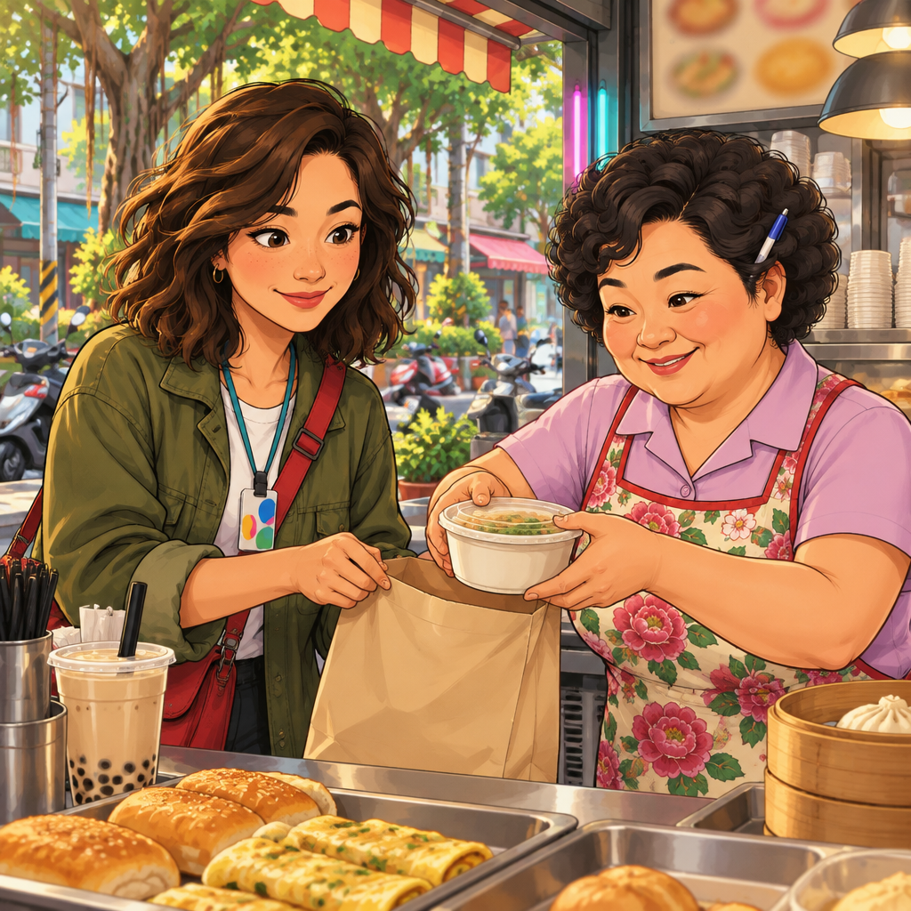 Maya holds open a takeaway bag while Auntie Lin packs her meal into a container.