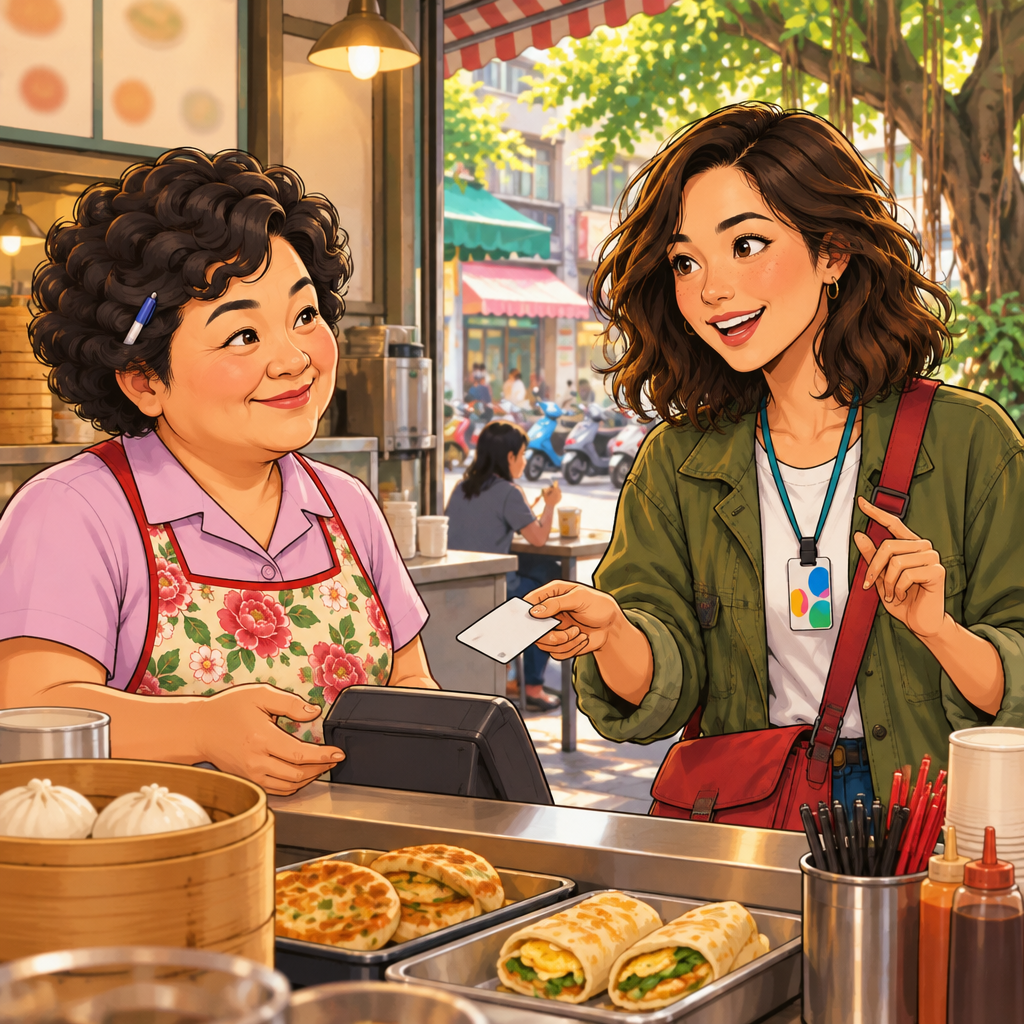Maya presents her payment card at the counter and asks to settle the bill.