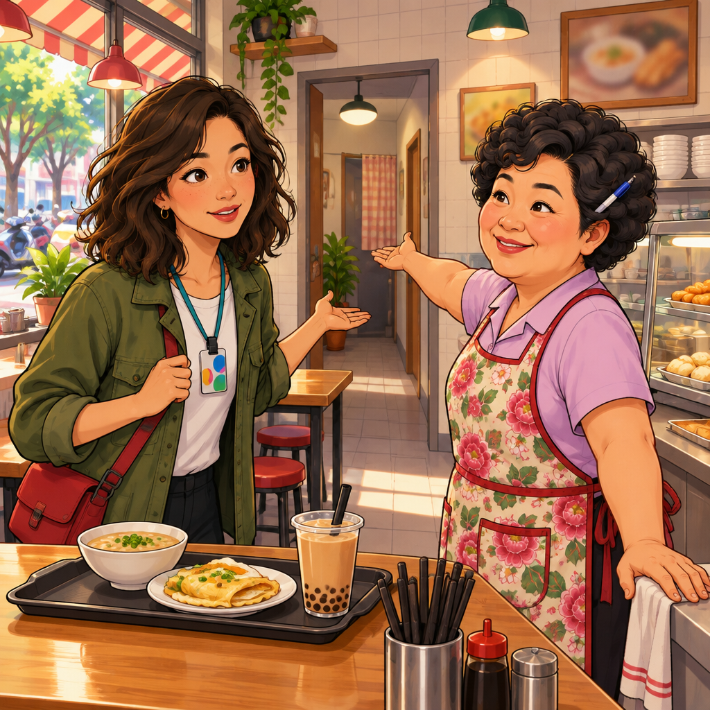 Maya asks Auntie Lin where the restroom is inside the breakfast shop.