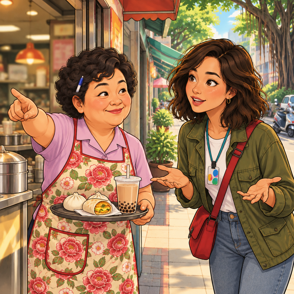 Maya asks Auntie Lin how many minutes the walk will take while Lin points out the route.