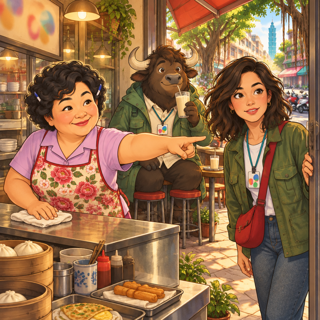 Auntie Lin wipes the breakfast-shop counter while Maya listens at the open door and A-Li sits in the back with unfinished soy milk.