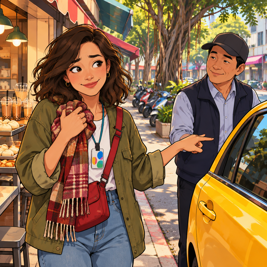 Maya holds the returned scarf and gestures back toward the taxi where she left it.