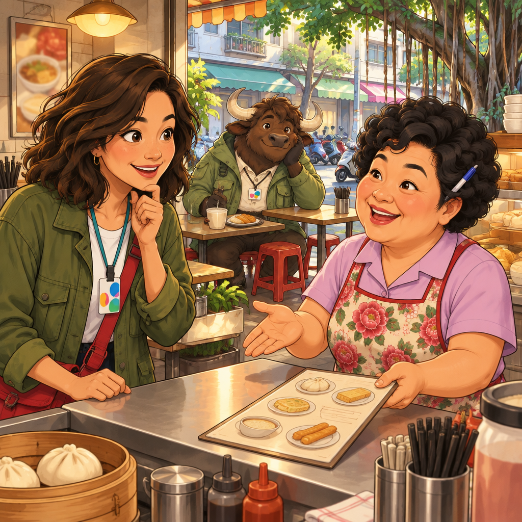 Maya meets Auntie Lin at the counter while Ali sits at the back with unfinished soy milk.