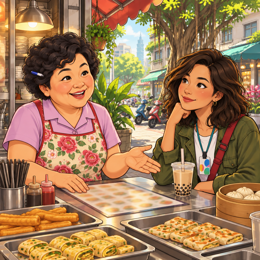 Auntie Lin warmly welcomes Maya with an open-handed gesture across the counter.