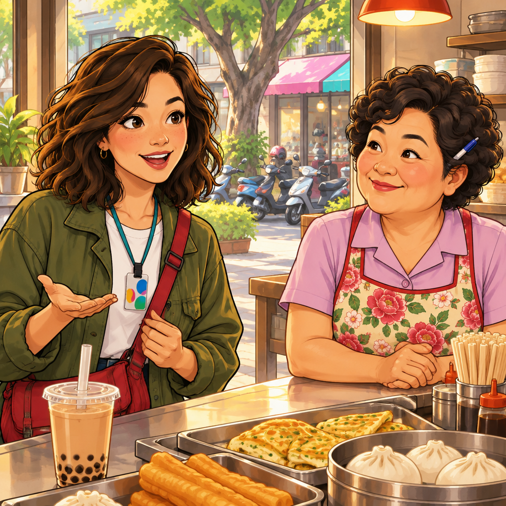 Maya introduces herself with an open gesture while Auntie Lin listens.