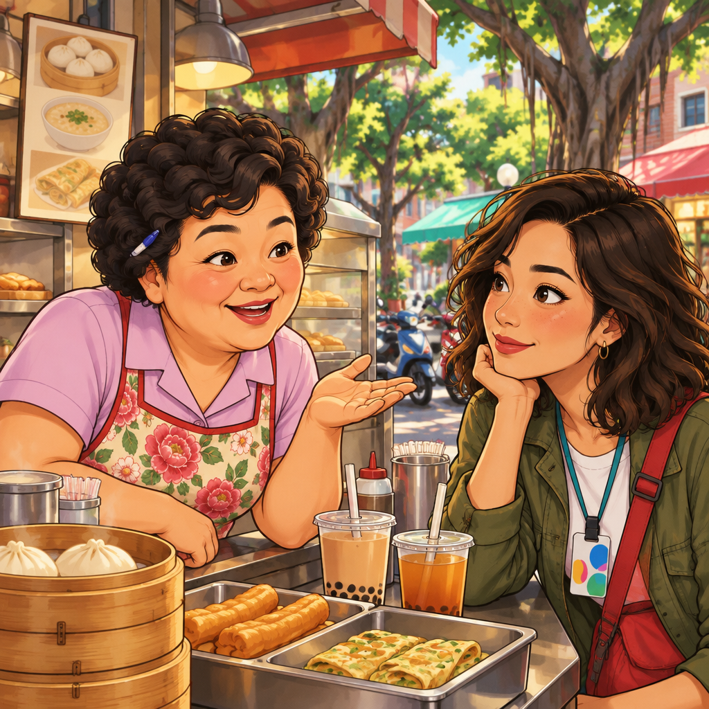 Auntie Lin leans forward with a curious expression and asks Maya a question.