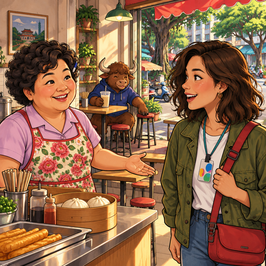 Morning light reaches the counter at Banyan Breakfast in Da'an. Auntie Lin welcomes Maya, while A-Li sits at the back with his soy milk beside him. He knows the shop well, but Maya has only just arrived. The greetings ar