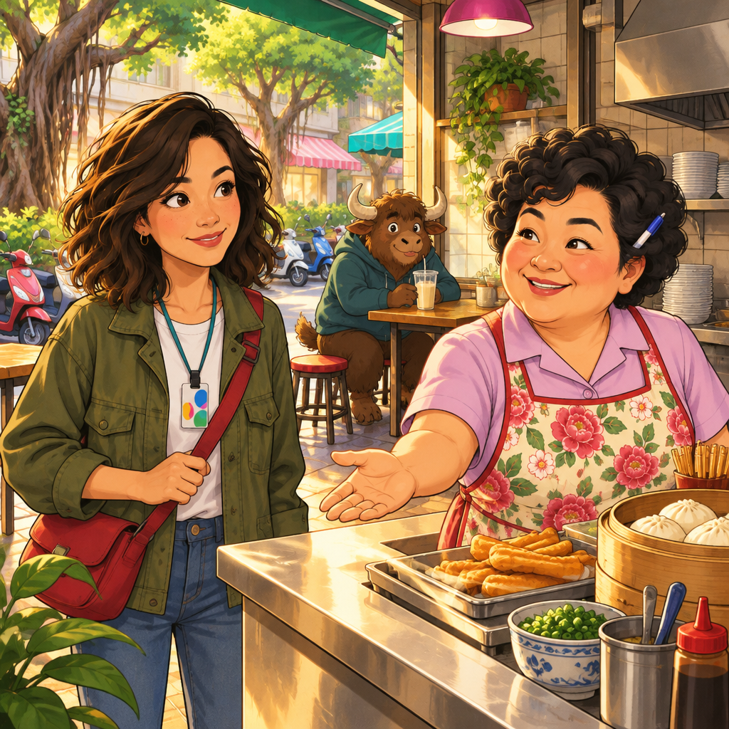 Morning light reaches the counter at Banyan Breakfast in Da'an. Auntie Lin welcomes Maya, while A-Li sits at the back with his soy milk beside him. He knows the shop well, but Maya has only just arrived. The greetings ar