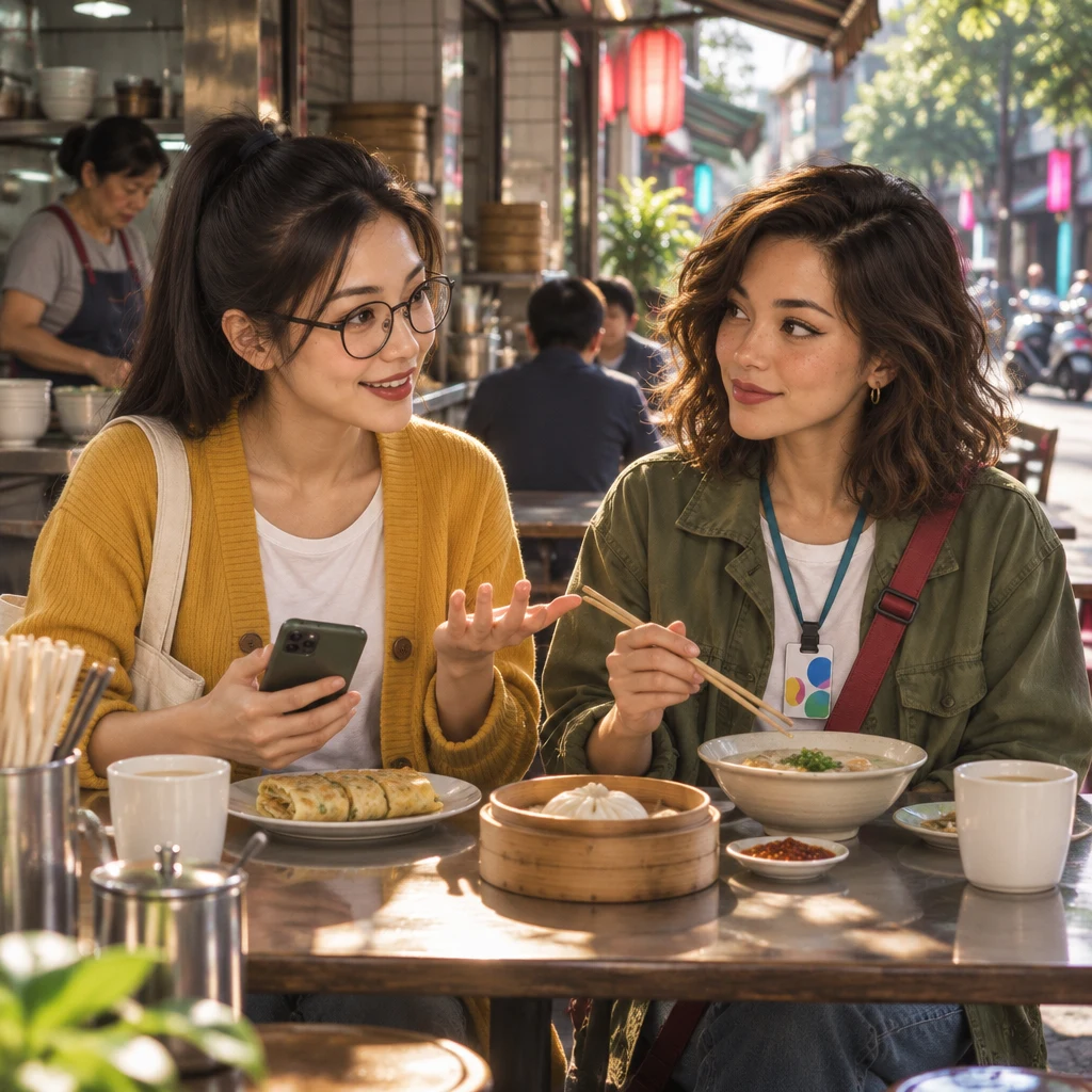 Yi-Jun asks Maya whether she is free this weekend as they sit together at the breakfast shop.