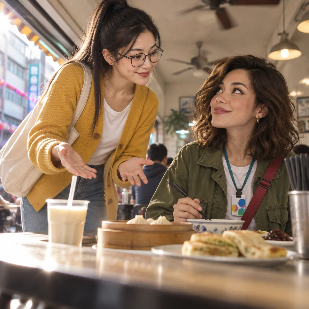 Yi-Jun leans forward and invites Maya to go eat together.