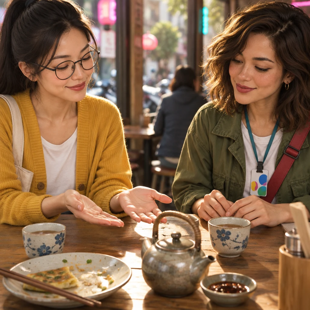 Yi-Jun leaves the choice of time to Maya with open palms on the table.